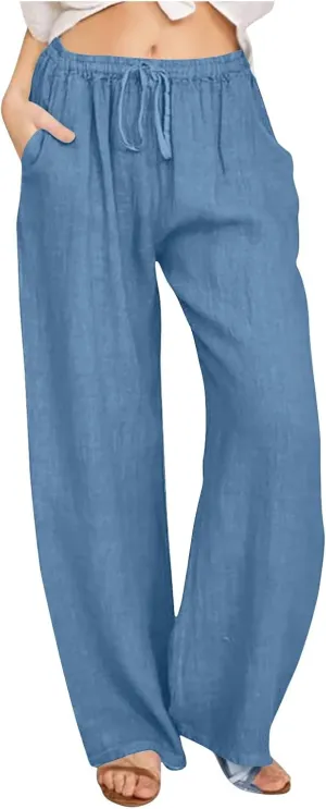 Women Linen Pants Lounge Casual Cotton Linen Summer Palazzo Pants Loose Flowy Wide Leg Beach Trousers with Pockets