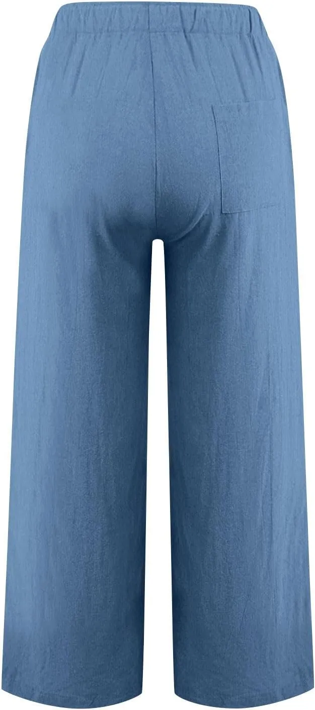 Women Linen Pants Lounge Casual Cotton Linen Summer Palazzo Pants Loose Flowy Wide Leg Beach Trousers with Pockets
