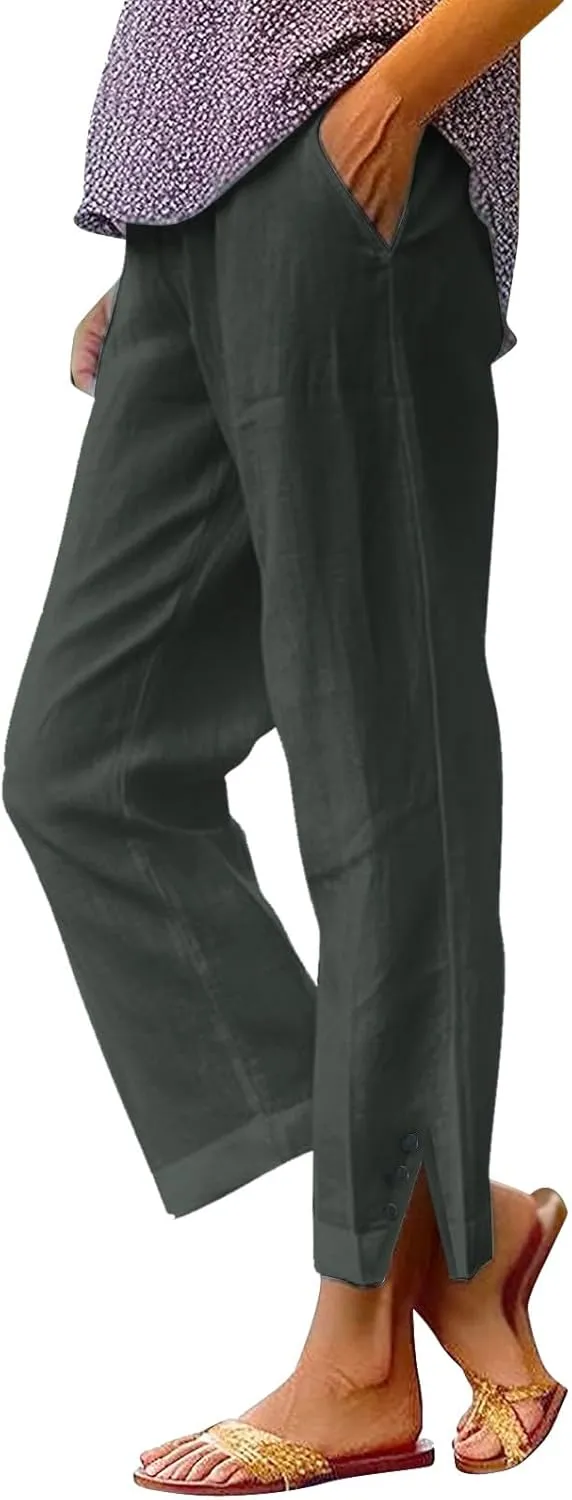 Women Linen Pants Solid Elastic Pants Long Drawstring Linen Women Waist Cotton Casual Slit Trouser Legs Slacks for
