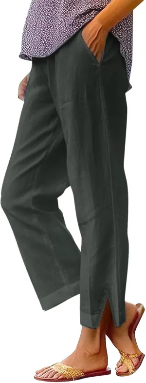 Women Linen Pants Solid Elastic Pants Long Drawstring Linen Women Waist Cotton Casual Slit Trouser Legs Slacks for