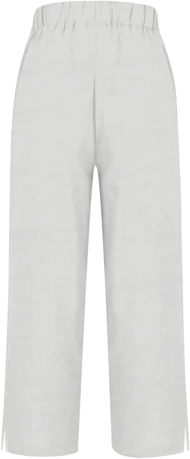 Women Linen Pants Solid Elastic Pants Long Drawstring Linen Women Waist Cotton Casual Slit Trouser Legs Slacks for