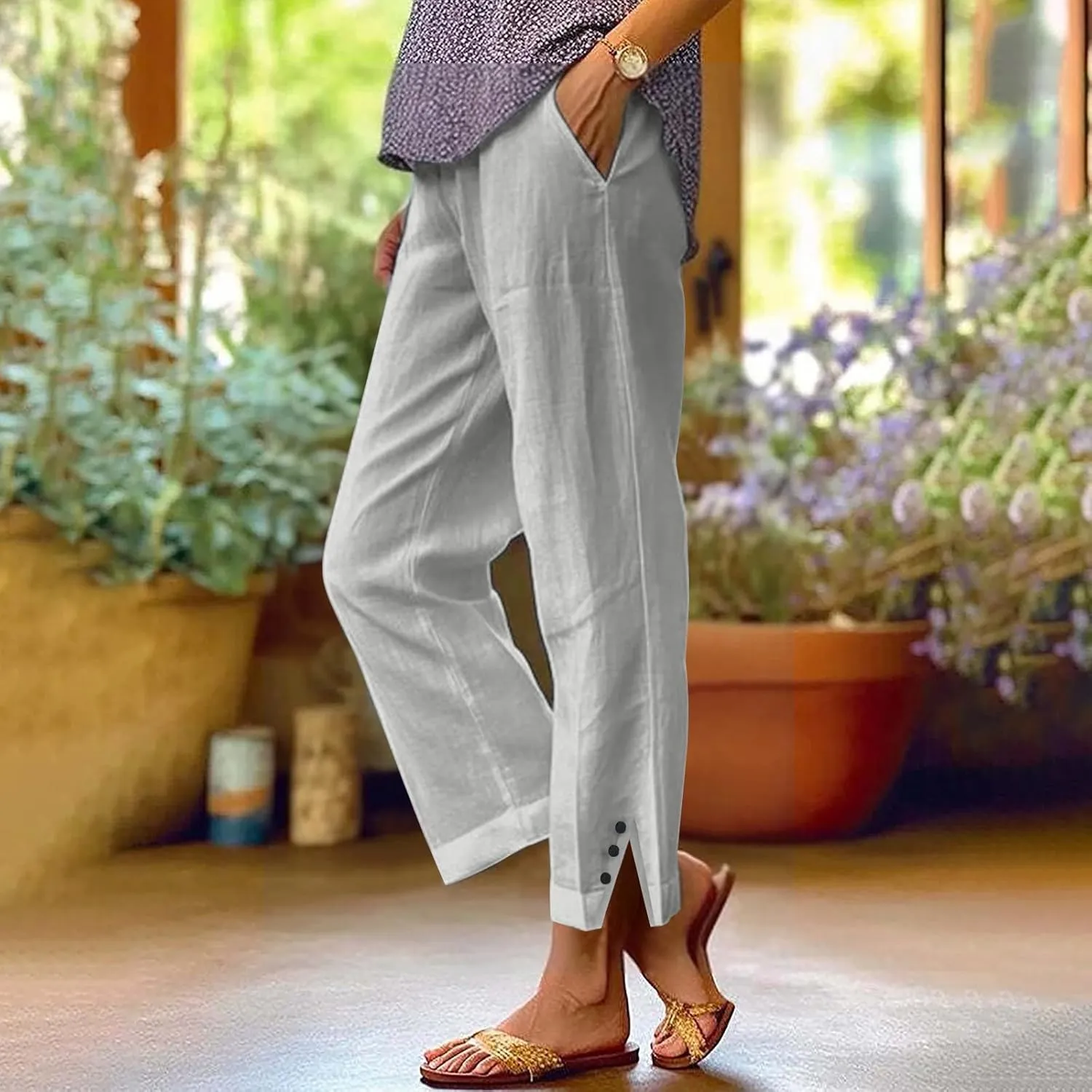 Women Linen Pants Solid Elastic Pants Long Drawstring Linen Women Waist Cotton Casual Slit Trouser Legs Slacks for