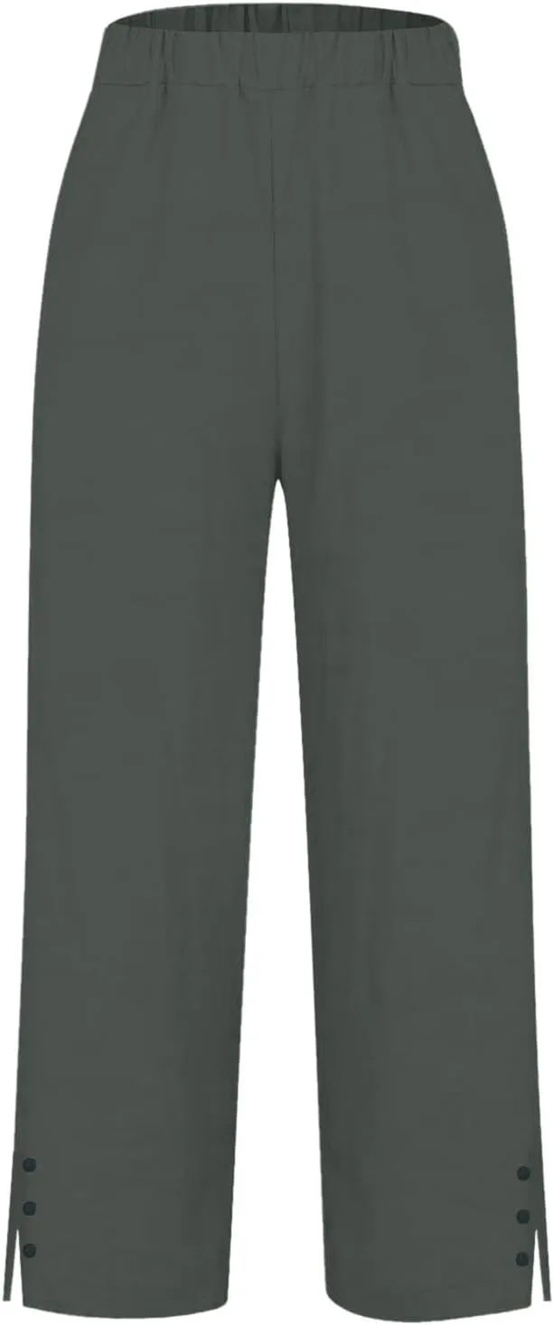 Women Linen Pants Solid Elastic Pants Long Drawstring Linen Women Waist Cotton Casual Slit Trouser Legs Slacks for