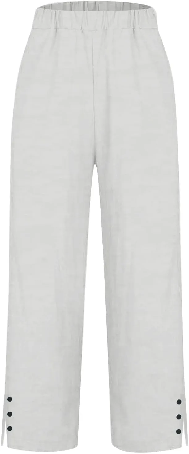 Women Linen Pants Solid Elastic Pants Long Drawstring Linen Women Waist Cotton Casual Slit Trouser Legs Slacks for