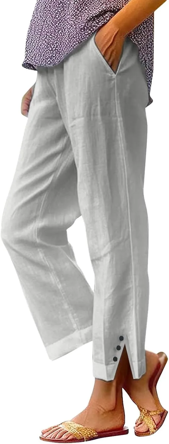 Women Linen Pants Solid Elastic Pants Long Drawstring Linen Women Waist Cotton Casual Slit Trouser Legs Slacks for