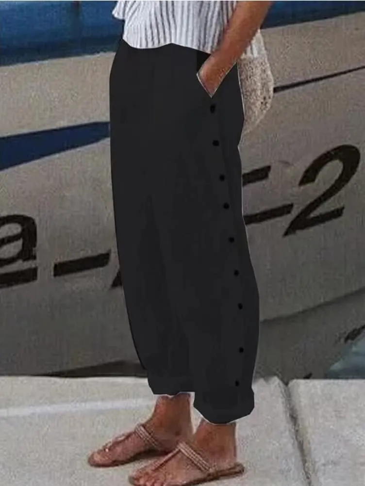 Women Linen Pants Tapered Elastic Waist Summer Casual Straight Leg Trouser Side Button Baggy Cropped Pant with Pocket