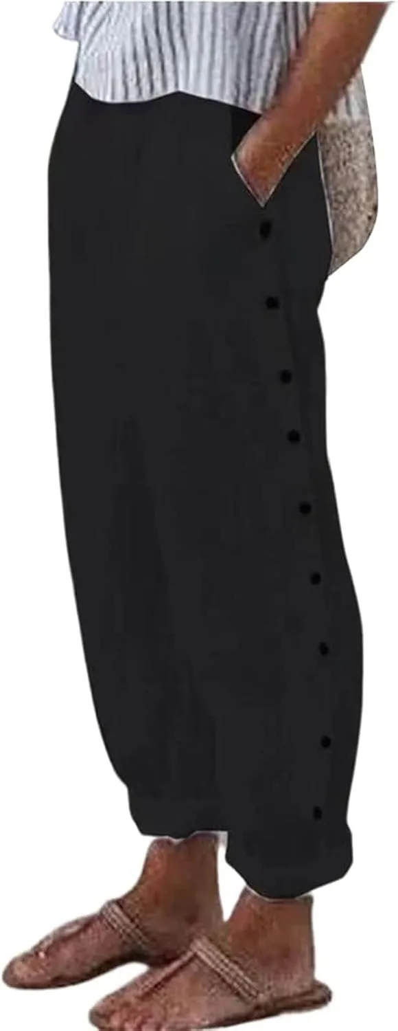 Women Linen Pants Tapered Elastic Waist Summer Casual Straight Leg Trouser Side Button Baggy Cropped Pant with Pocket