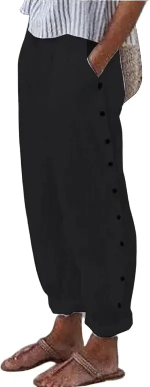 Women Linen Pants Tapered Elastic Waist Summer Casual Straight Leg Trouser Side Button Baggy Cropped Pant with Pocket