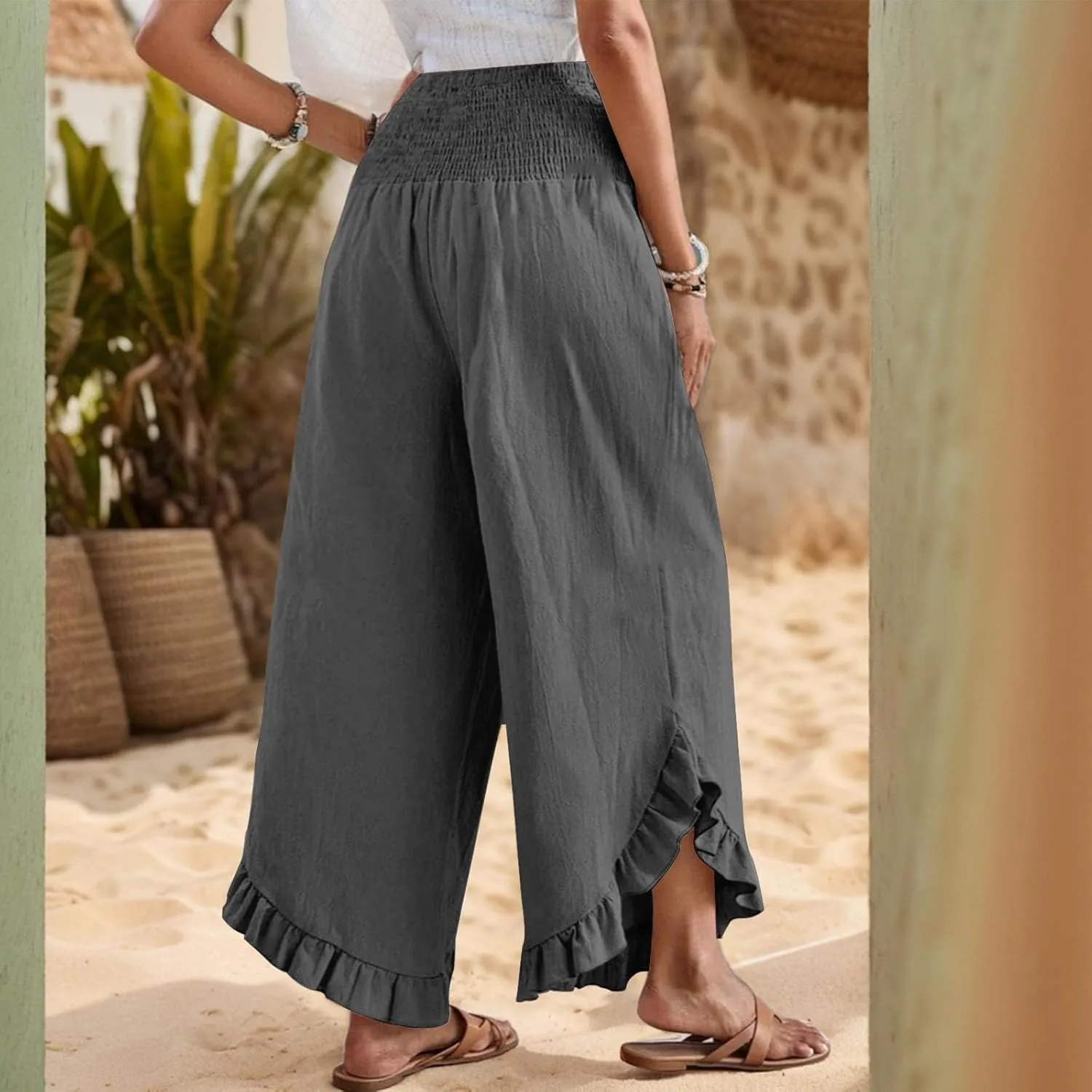Women Linen Pants Wide Leg Smocked Waist Ruffle Hem Palazzo Pant Summer Boho Flowy Beach Trousers with Pockets