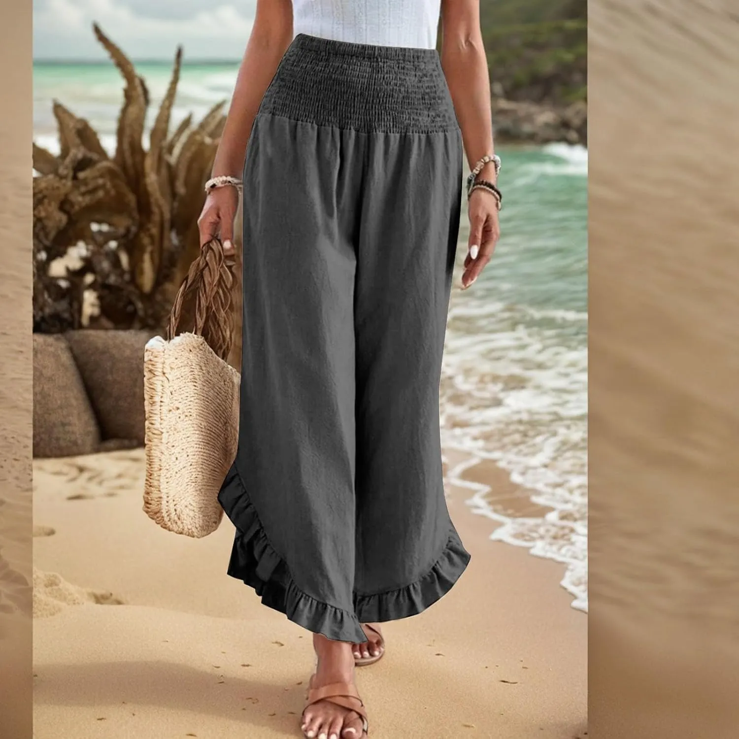 Women Linen Pants Wide Leg Smocked Waist Ruffle Hem Palazzo Pant Summer Boho Flowy Beach Trousers with Pockets