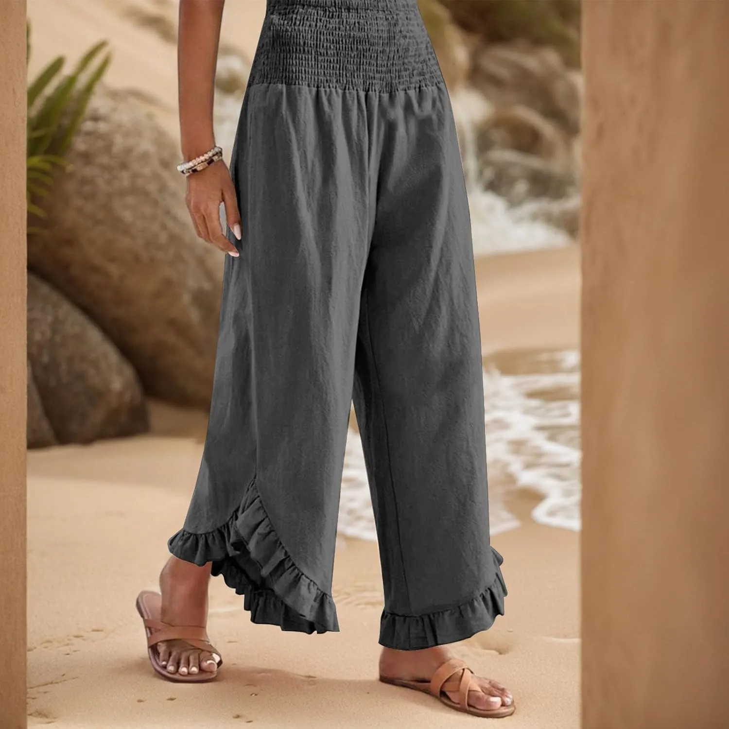 Women Linen Pants Wide Leg Smocked Waist Ruffle Hem Palazzo Pant Summer Boho Flowy Beach Trousers with Pockets