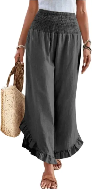 Women Linen Pants Wide Leg Smocked Waist Ruffle Hem Palazzo Pant Summer Boho Flowy Beach Trousers with Pockets
