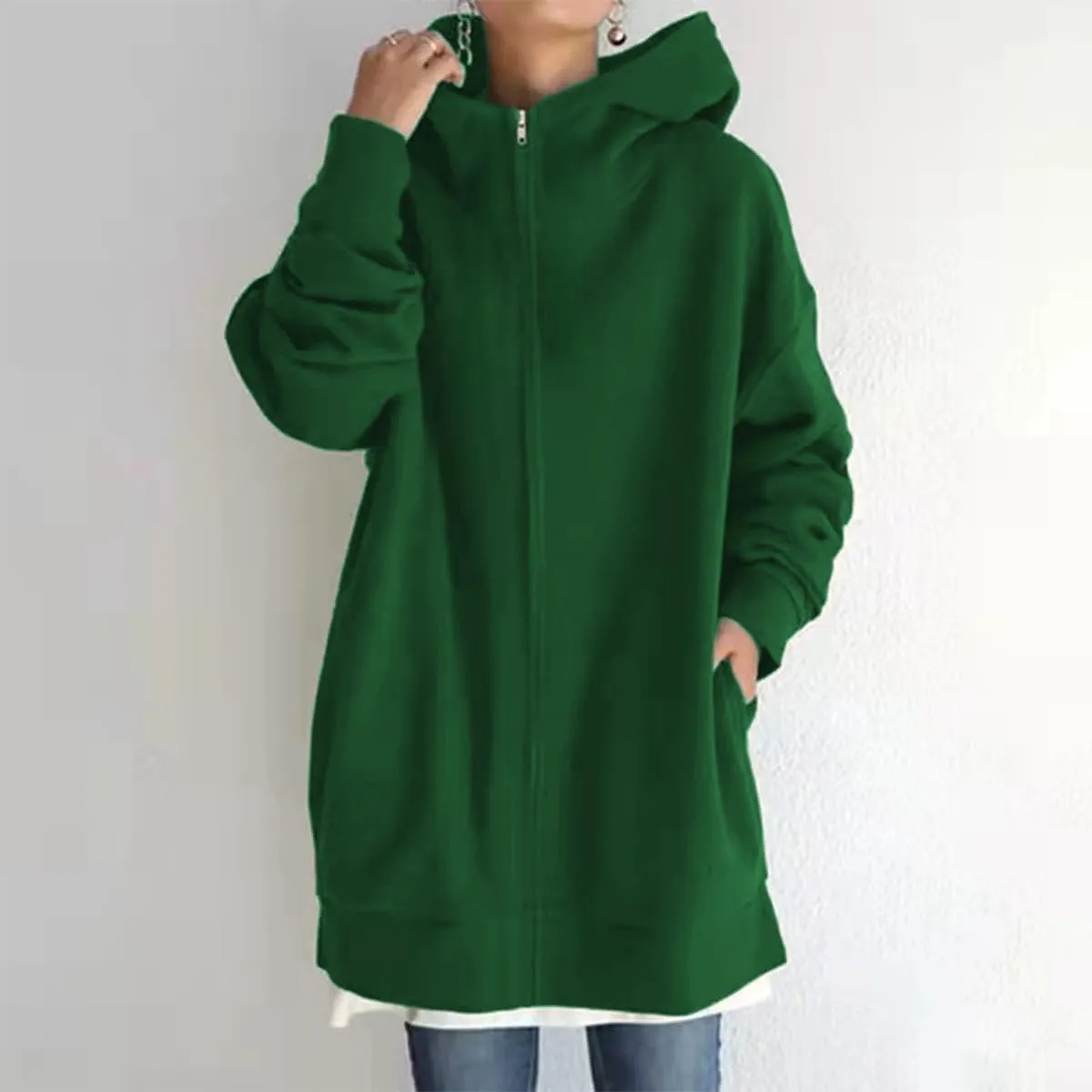 Women Loose Hoodie Fall Oversized Fashion Sweatshirts Long Sleeve Zip Up Hooded Jacket Coat with Pockets