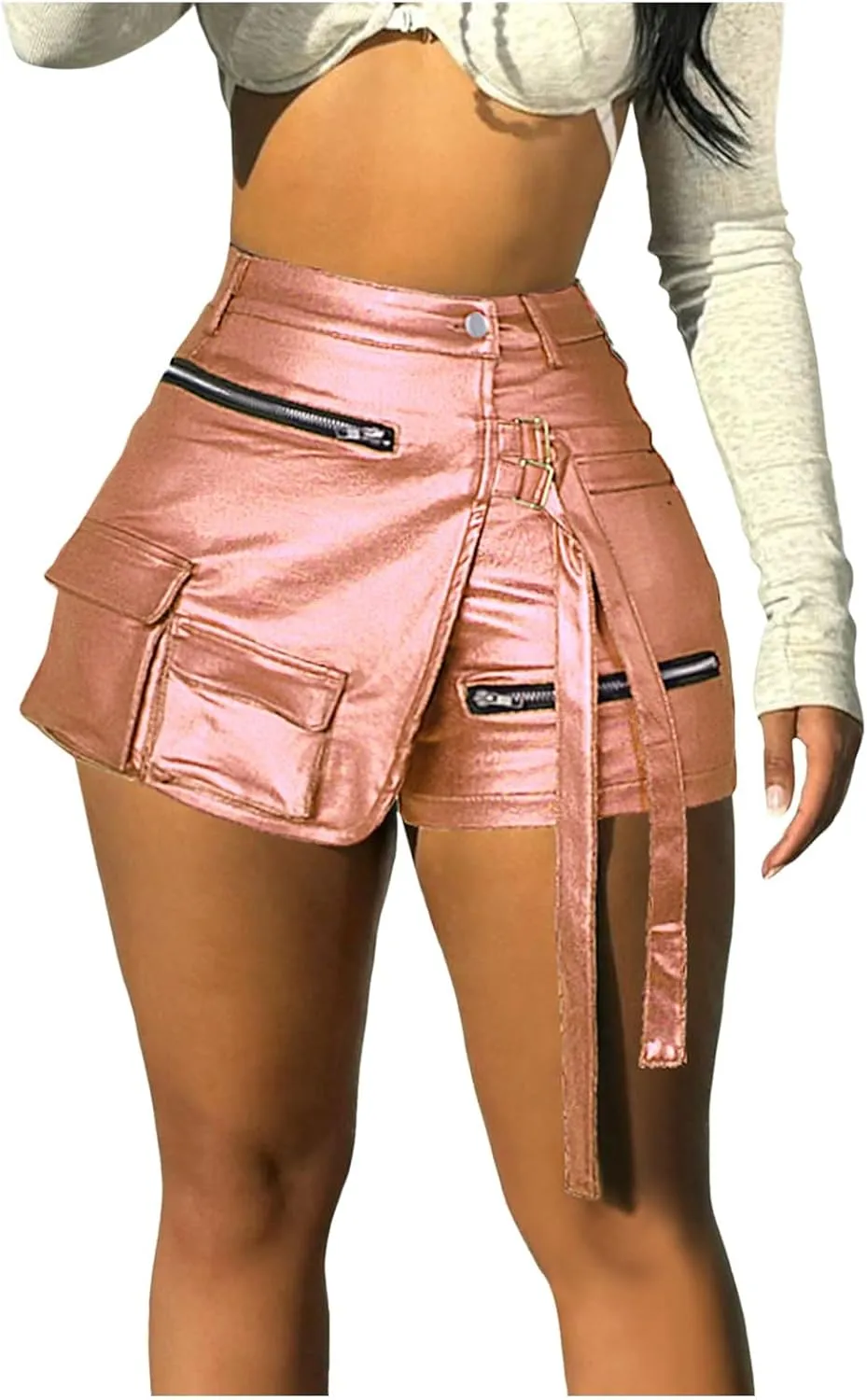 Women Metallic Cargo Leather Shorts Metallic High Waisted Irregular Split Sexy Rave Asymmetrical Streetwear Skorts