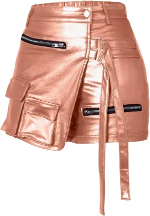 Women Metallic Cargo Leather Shorts Metallic High Waisted Irregular Split Sexy Rave Asymmetrical Streetwear Skorts