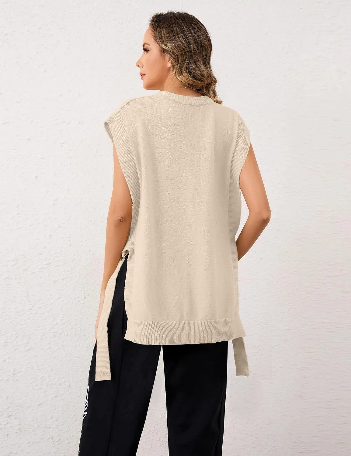 Women Oversized Crew Neck Sleeveless Sweater Vest Top High Low Hem Tie Up Knitted Pullover Tank Tops