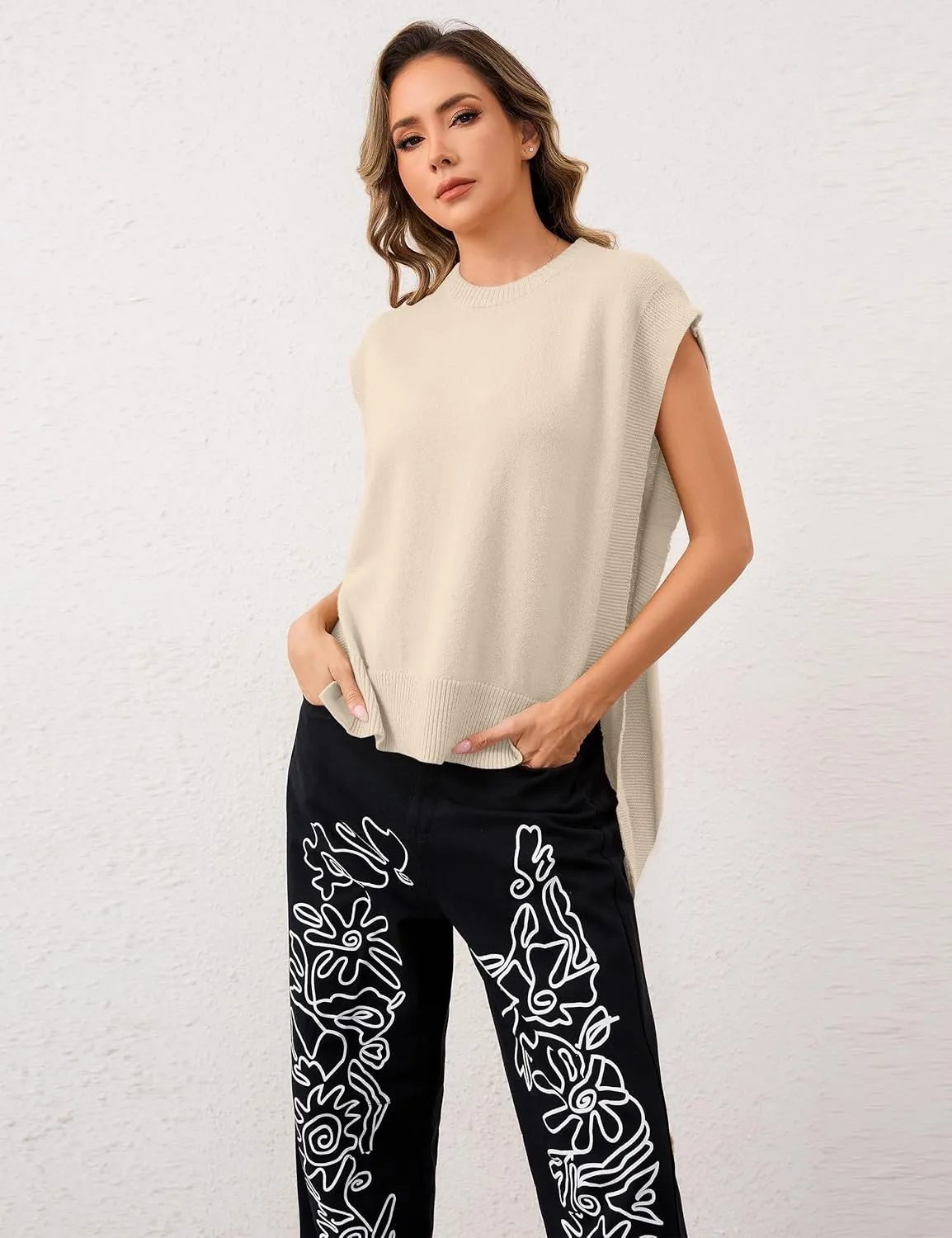 Women Oversized Crew Neck Sleeveless Sweater Vest Top High Low Hem Tie Up Knitted Pullover Tank Tops