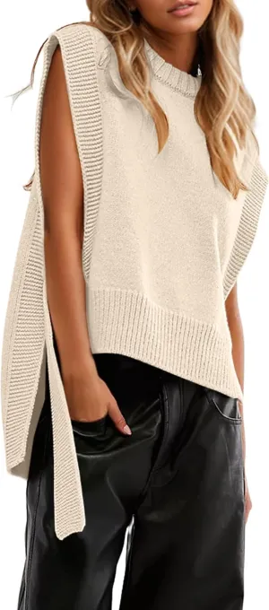 Women Oversized Crew Neck Sleeveless Sweater Vest Top High Low Hem Tie Up Knitted Pullover Tank Tops