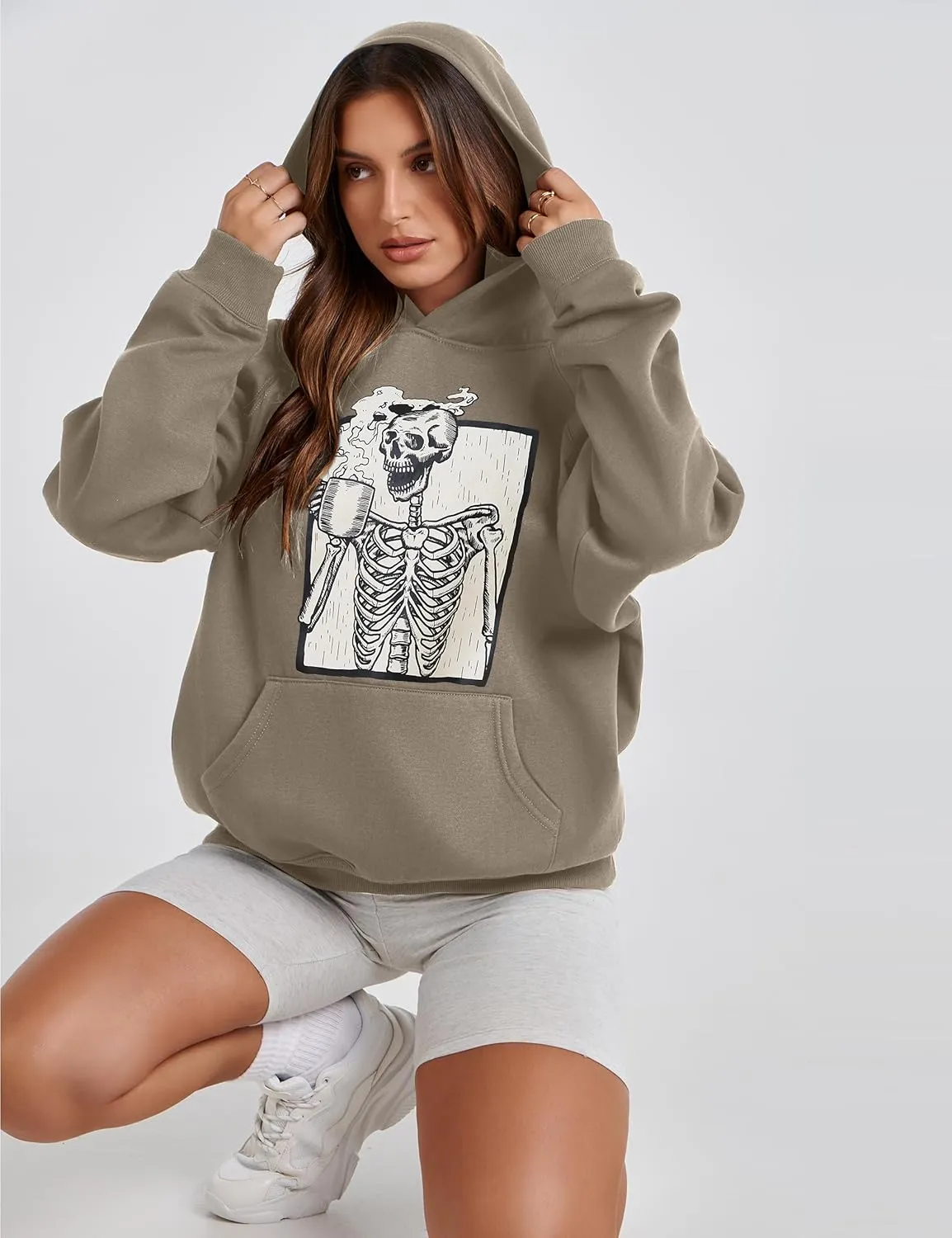 Women Skull Graphic Printed Fleece Oversized Hoodie Sweatshirt Long Sleeve Drop Shoulder Pullovers Top