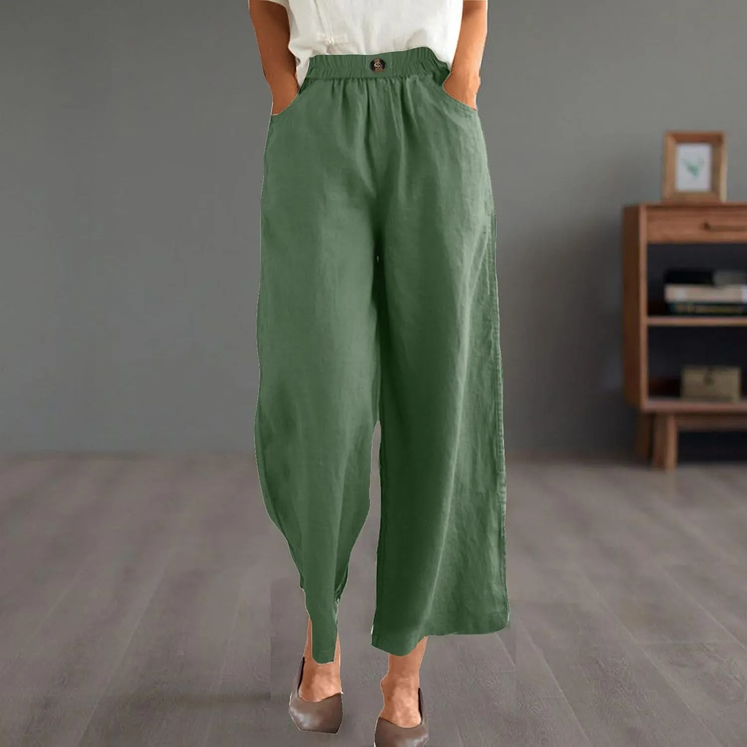 Women Solid Cotton Linen Cropped Pant, Lightweight Comfy Summer Going Out Vacation Clothes Elastic Waist Pockets Trousers