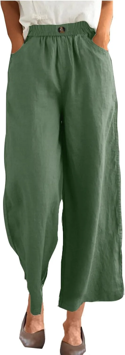 Women Solid Cotton Linen Cropped Pant, Lightweight Comfy Summer Going Out Vacation Clothes Elastic Waist Pockets Trousers