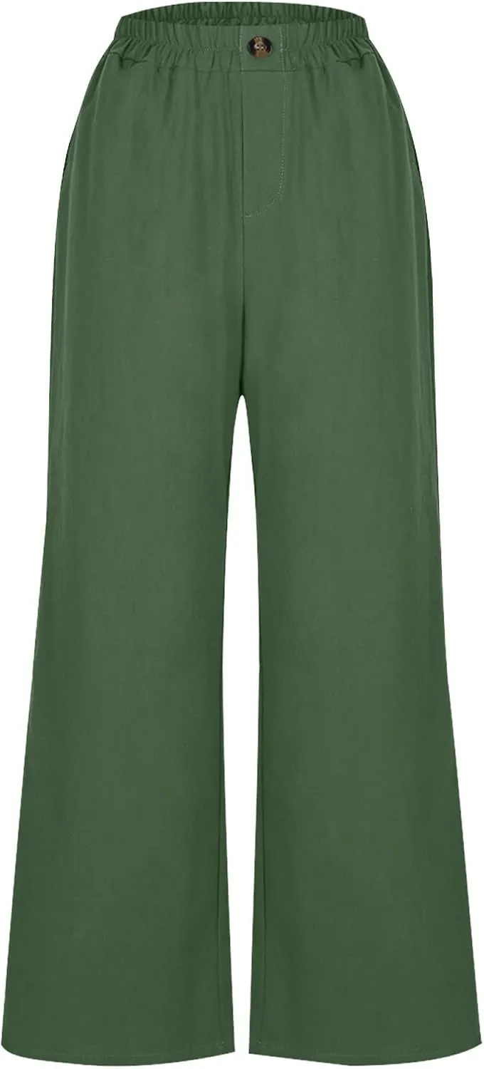 Women Solid Cotton Linen Cropped Pant, Lightweight Comfy Summer Going Out Vacation Clothes Elastic Waist Pockets Trousers