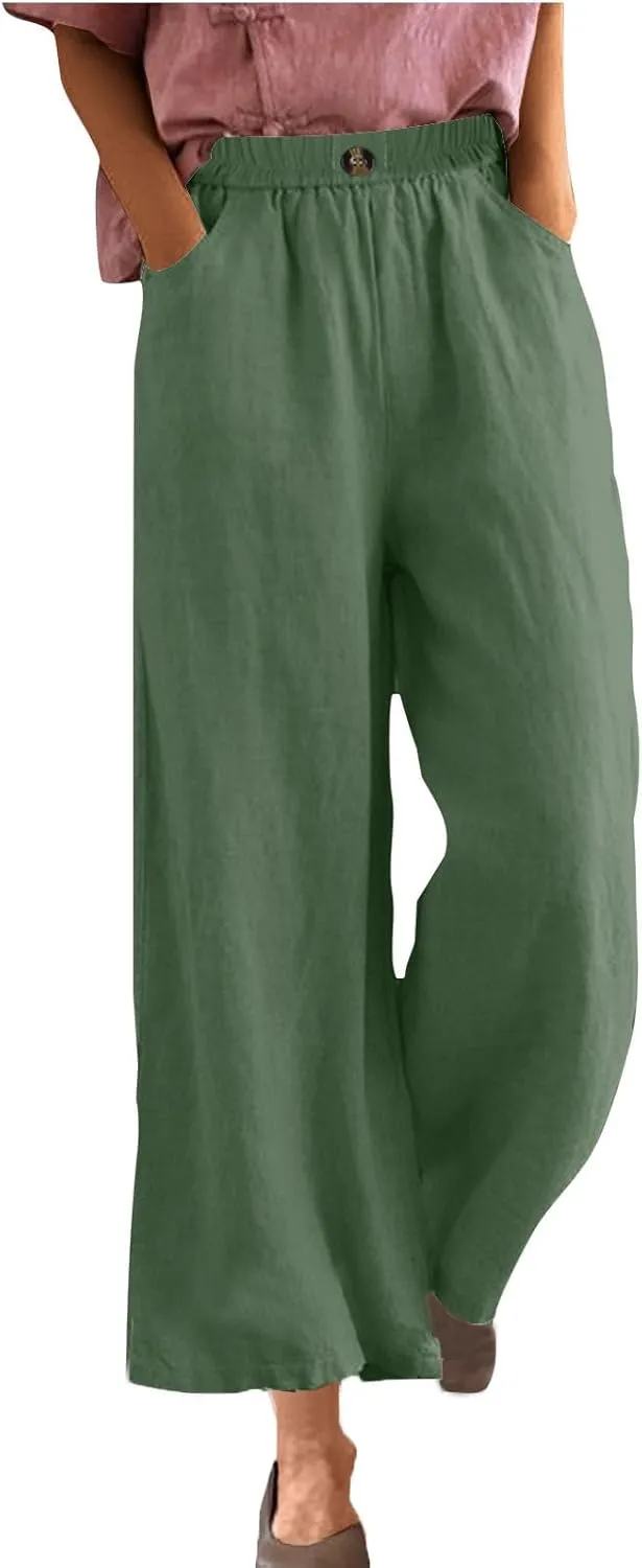 Women Solid Cotton Linen Cropped Pant, Lightweight Comfy Summer Going Out Vacation Clothes Elastic Waist Pockets Trousers