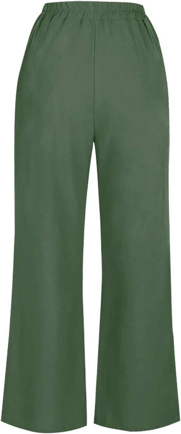 Women Solid Cotton Linen Cropped Pant, Lightweight Comfy Summer Going Out Vacation Clothes Elastic Waist Pockets Trousers