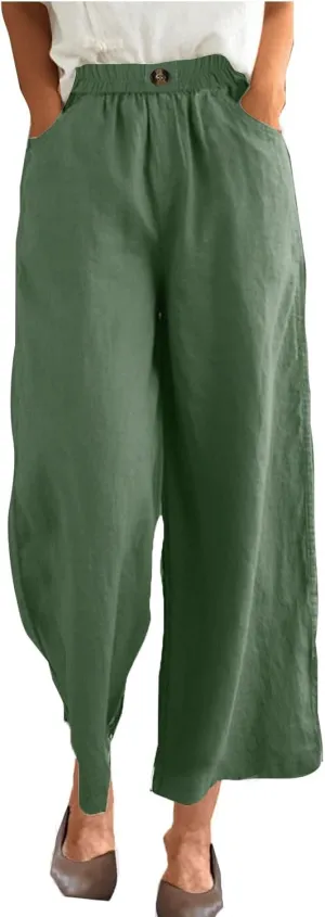 Women Solid Cotton Linen Cropped Pant, Lightweight Comfy Summer Going Out Vacation Clothes Elastic Waist Pockets Trousers