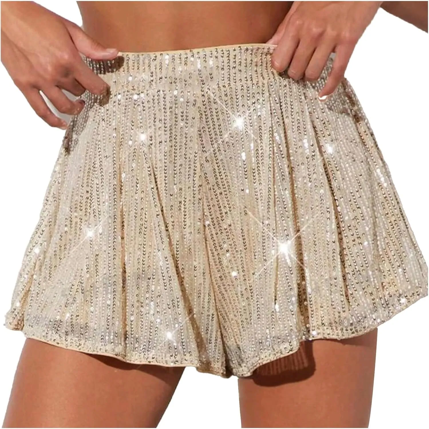 Women Sparkly Sequin Skorts Glitter Elastic High Waisted Sparkle Flowy Shorts Pleated Wide Leg Skirts for Rave Parties