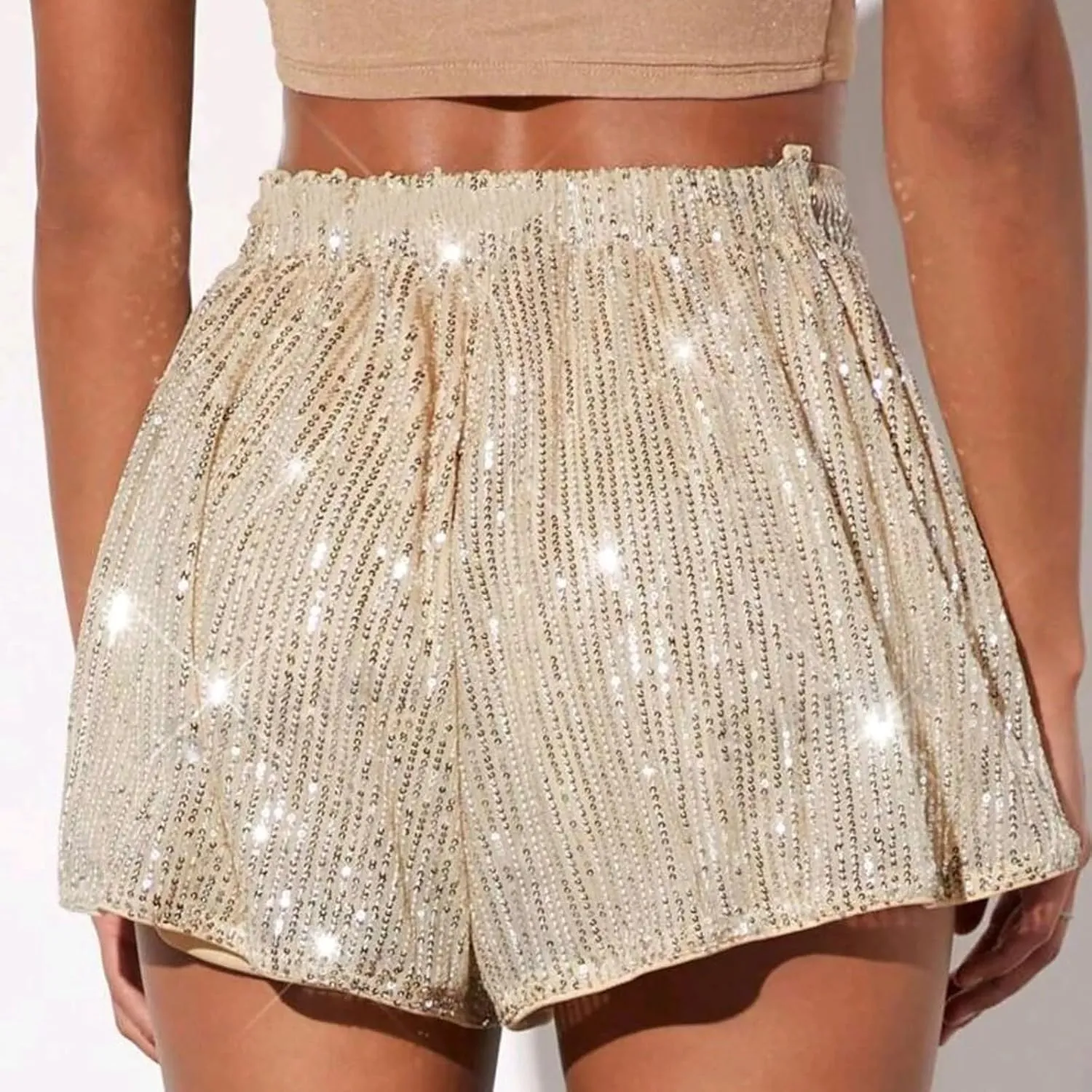Women Sparkly Sequin Skorts Glitter Elastic High Waisted Sparkle Flowy Shorts Pleated Wide Leg Skirts for Rave Parties