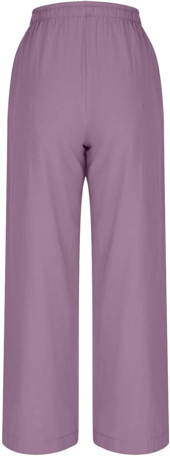 Women Summer Baggy Linen Pants Casual Loose Cotton Wide Leg Palazzo Pants Drawstring Waist Y2K Trousers with Pocket