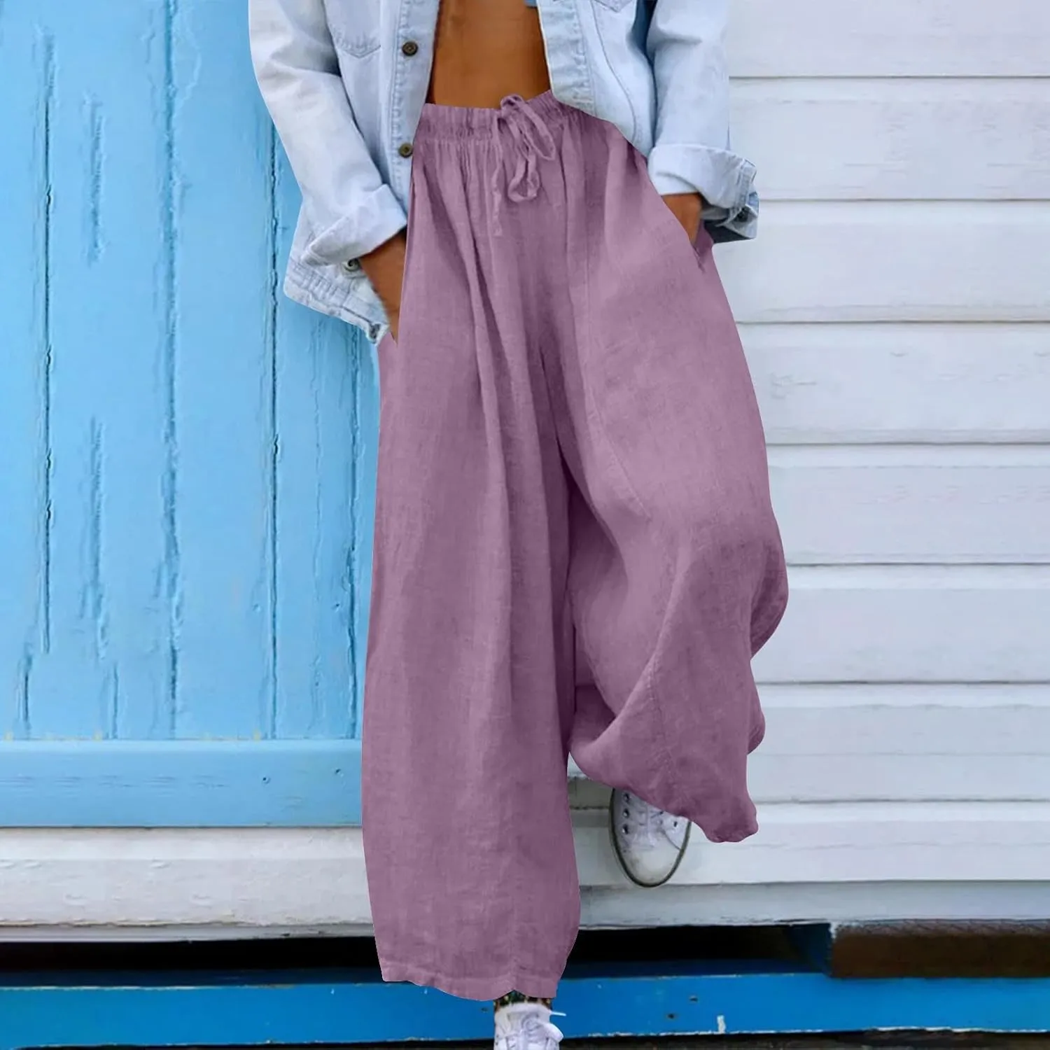 Women Summer Baggy Linen Pants Casual Loose Cotton Wide Leg Palazzo Pants Drawstring Waist Y2K Trousers with Pocket