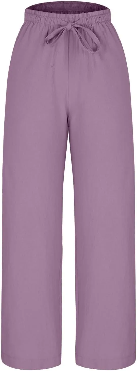 Women Summer Baggy Linen Pants Casual Loose Cotton Wide Leg Palazzo Pants Drawstring Waist Y2K Trousers with Pocket