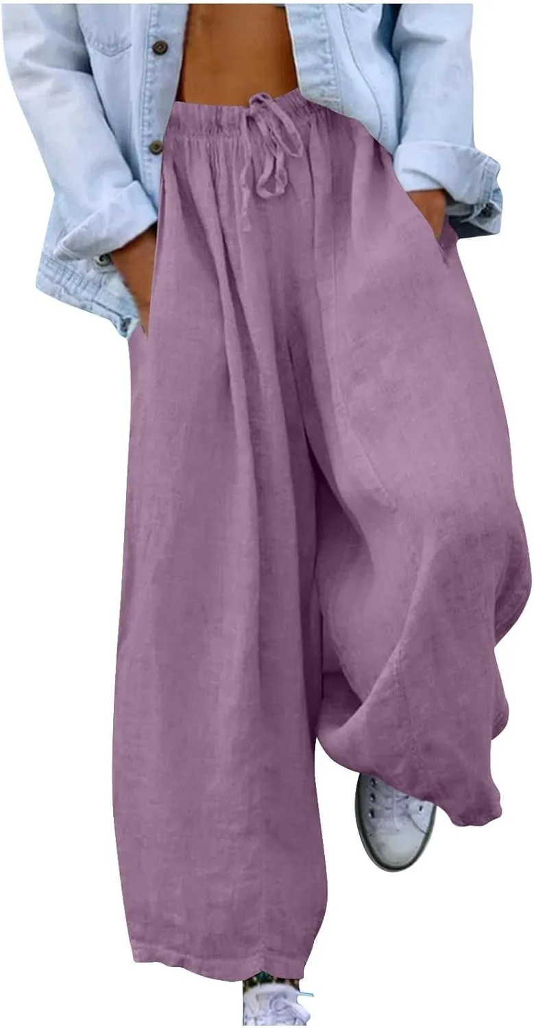 Women Summer Baggy Linen Pants Casual Loose Cotton Wide Leg Palazzo Pants Drawstring Waist Y2K Trousers with Pocket