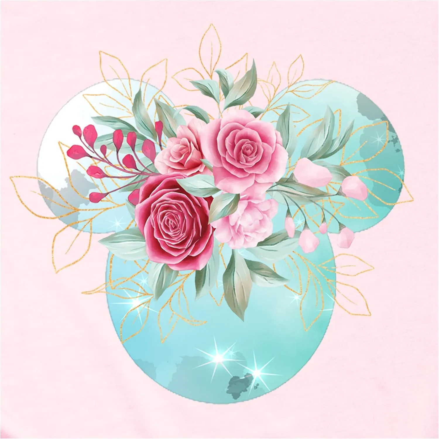 Women Teen Mickey Ears Pink Flowers with Gold Leaves Shirt Floral Adult Ladies Boho Character Tshirt