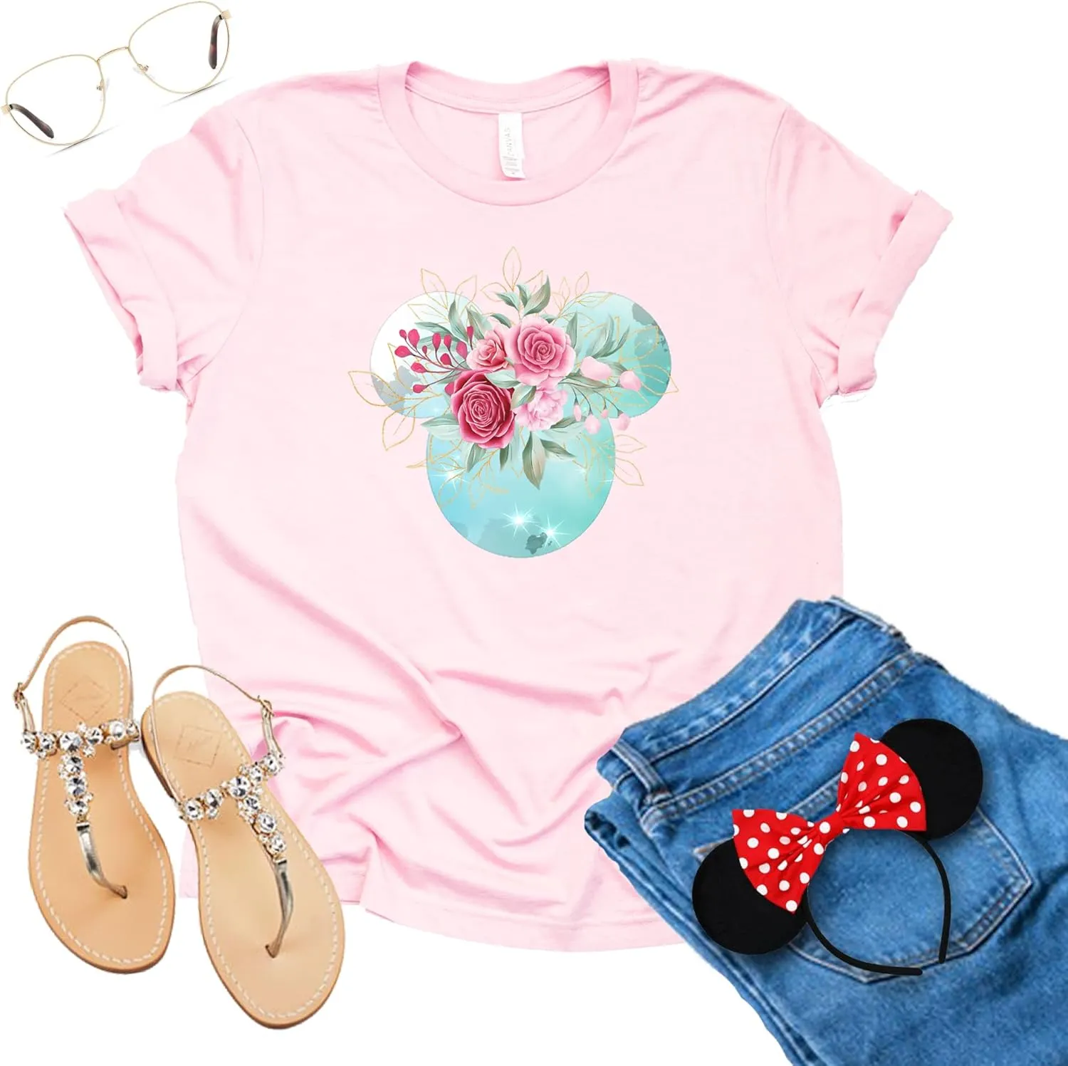 Women Teen Mickey Ears Pink Flowers with Gold Leaves Shirt Floral Adult Ladies Boho Character Tshirt