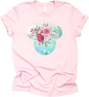Women Teen Mickey Ears Pink Flowers with Gold Leaves Shirt Floral Adult Ladies Boho Character Tshirt