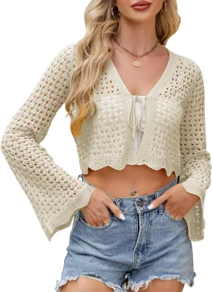Women Tie Front Cropped Cardigan Crochet Bolero Shrug Sweater Bell Sleeve Knit Crop Top