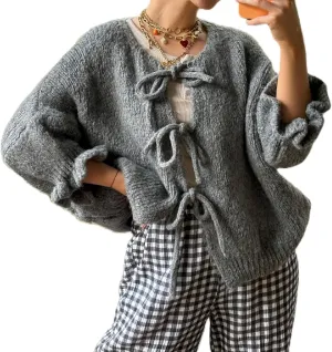 Women Trendy Bow Tie Sweater Cardigans Solid Color Puff Sleeve Loose Chunky Knited Jacket Open Front Knitwear