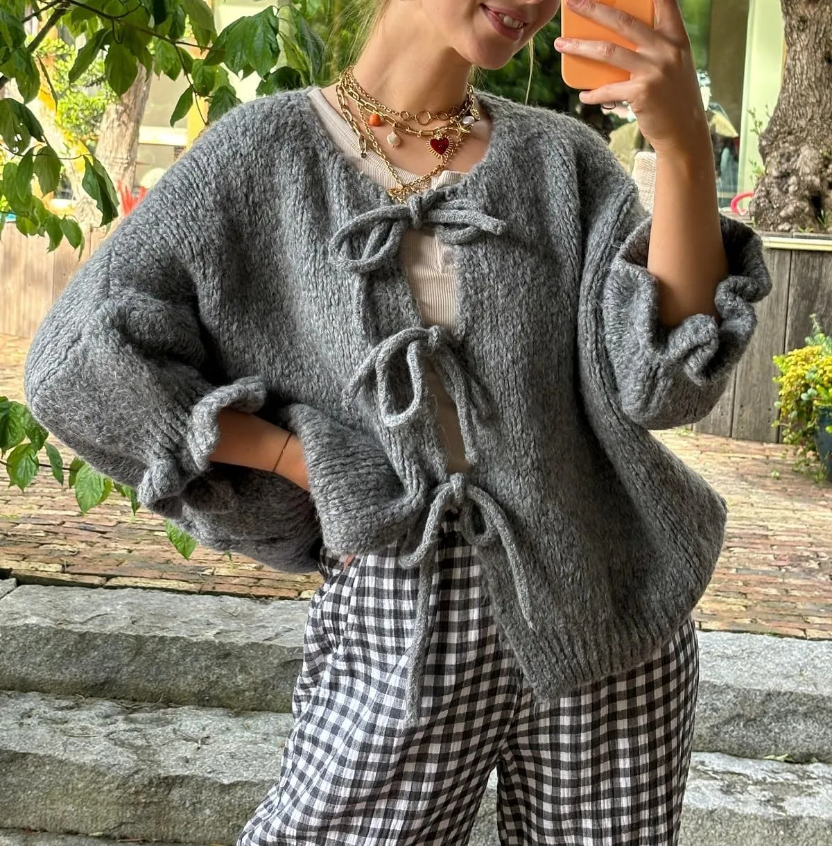 Women Trendy Bow Tie Sweater Cardigans Solid Color Puff Sleeve Loose Chunky Knited Jacket Open Front Knitwear