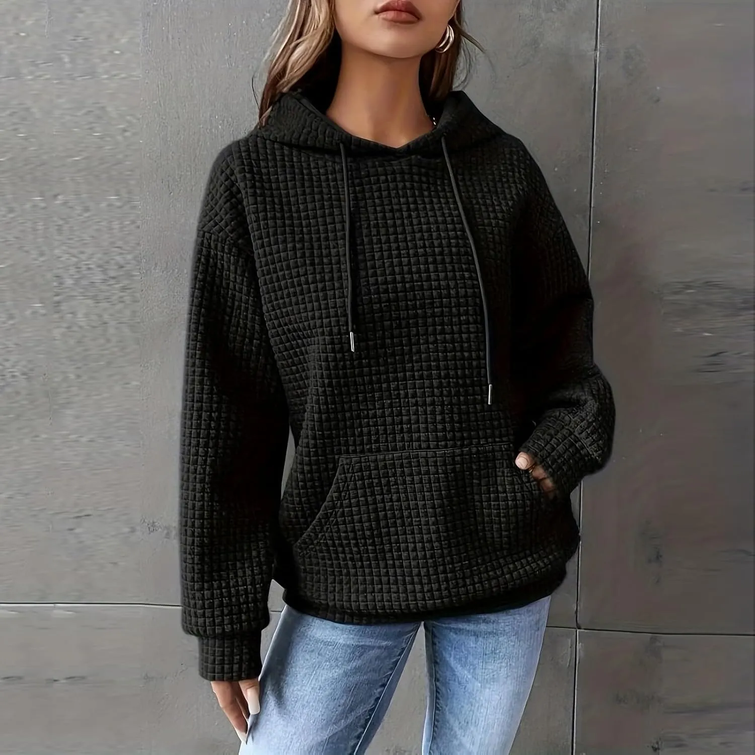 Women Waffle Plaid Knit Y2K Hoodie Drawstring Lightweight Oversized Sweatshirt Comfy Cute Pullover Streetwear Hoodies