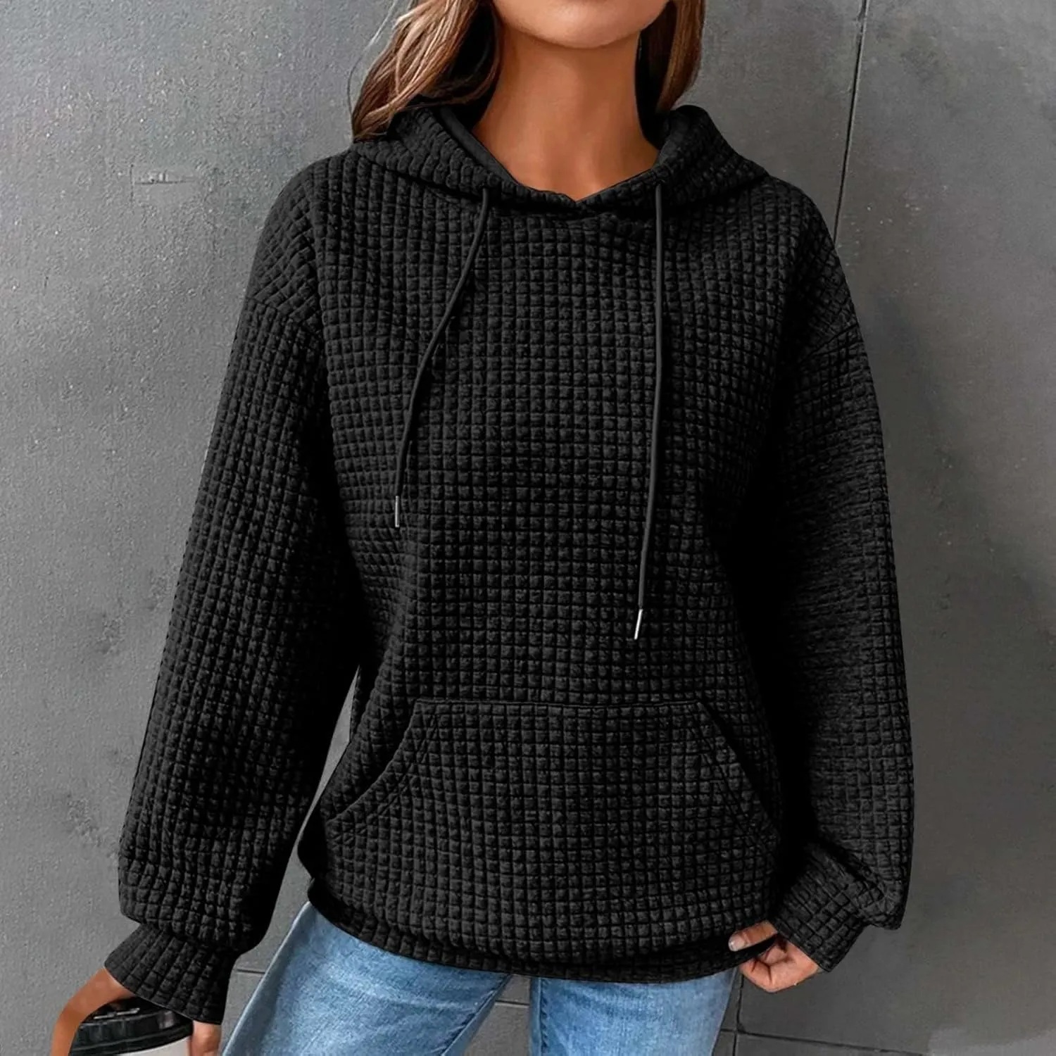 Women Waffle Plaid Knit Y2K Hoodie Drawstring Lightweight Oversized Sweatshirt Comfy Cute Pullover Streetwear Hoodies