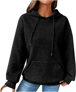 Women Waffle Plaid Knit Y2K Hoodie Drawstring Lightweight Oversized Sweatshirt Comfy Cute Pullover Streetwear Hoodies