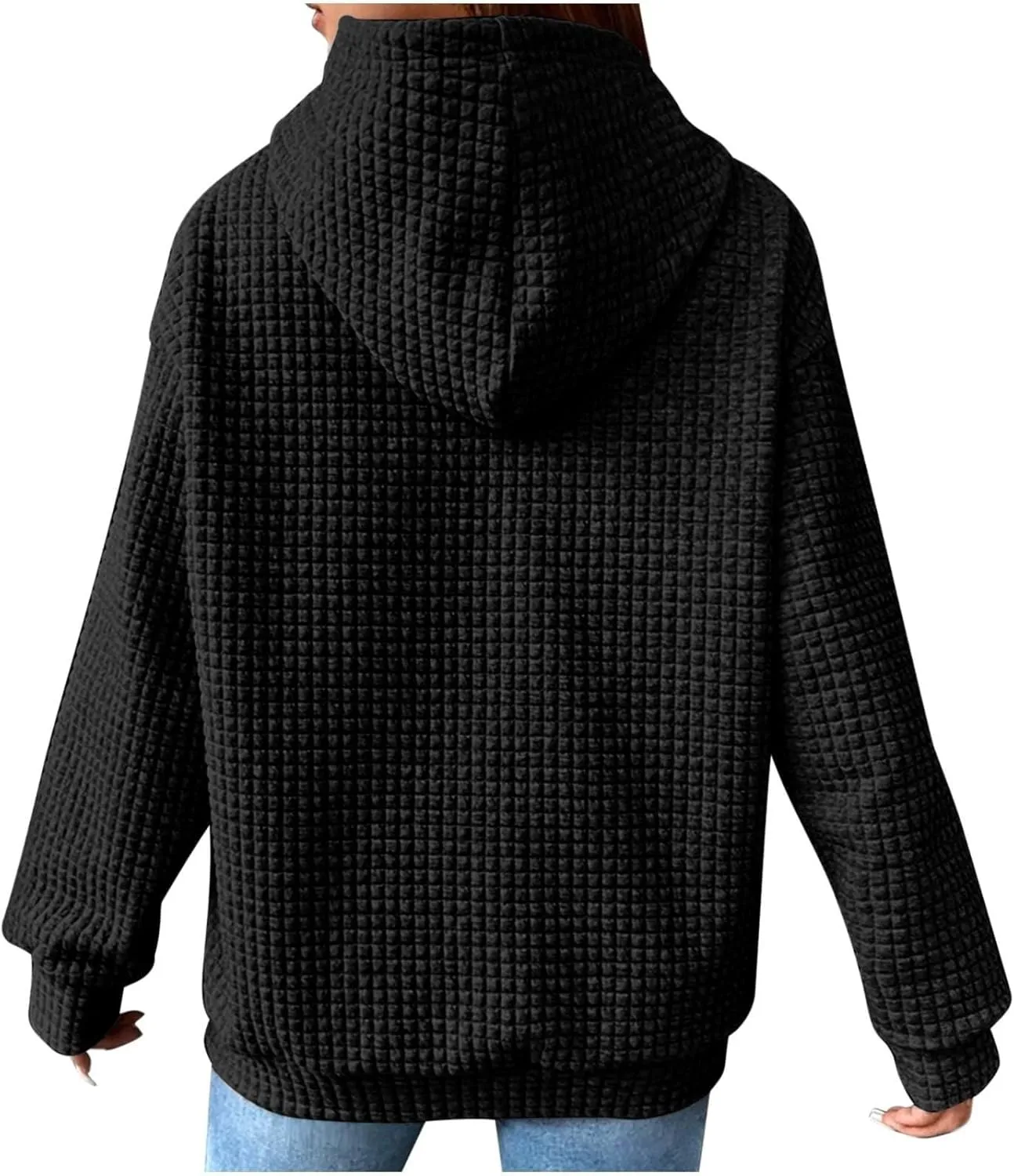 Women Waffle Plaid Knit Y2K Hoodie Drawstring Lightweight Oversized Sweatshirt Comfy Cute Pullover Streetwear Hoodies