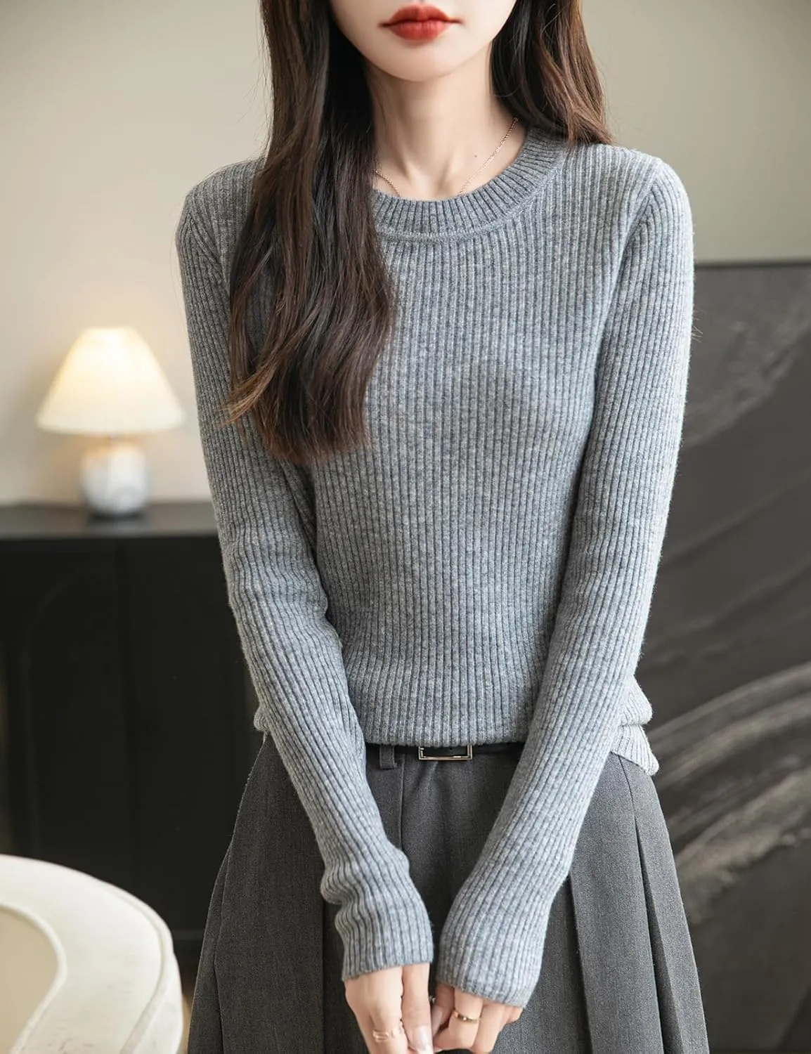 Women's 100% Merino Wool Sweater 2025 Fall Winter Crew Neck Long Sleeve Warm Soft Ribbed Knit Pullover Sweater