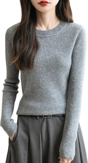 Women's 100% Merino Wool Sweater 2025 Fall Winter Crew Neck Long Sleeve Warm Soft Ribbed Knit Pullover Sweater