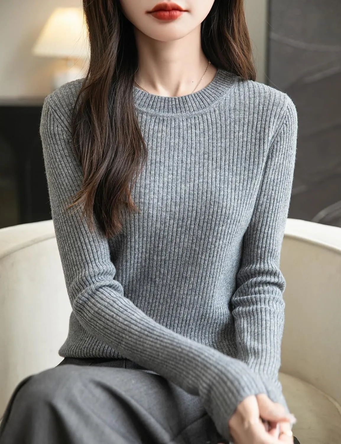Women's 100% Merino Wool Sweater 2025 Fall Winter Crew Neck Long Sleeve Warm Soft Ribbed Knit Pullover Sweater
