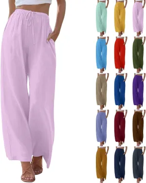 Women's 2025 Summer Linen Palazzo Pants High Waisted Flowy Wide Leg Beach Pants Palazzo Lounge Pant Trousers with Pocket