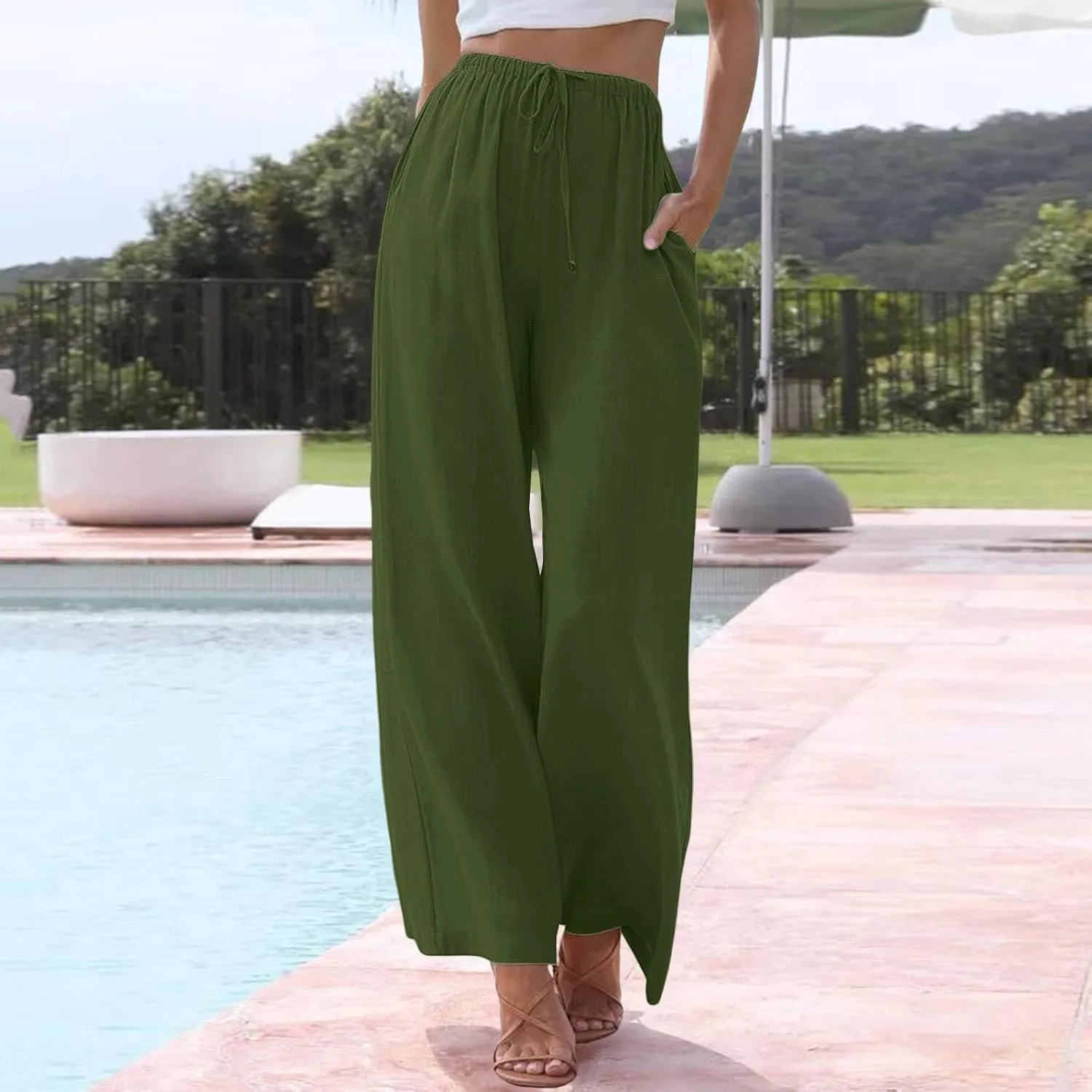 Women's 2025 Summer Linen Palazzo Pants High Waisted Flowy Wide Leg Beach Pants Palazzo Lounge Pant Trousers with Pocket